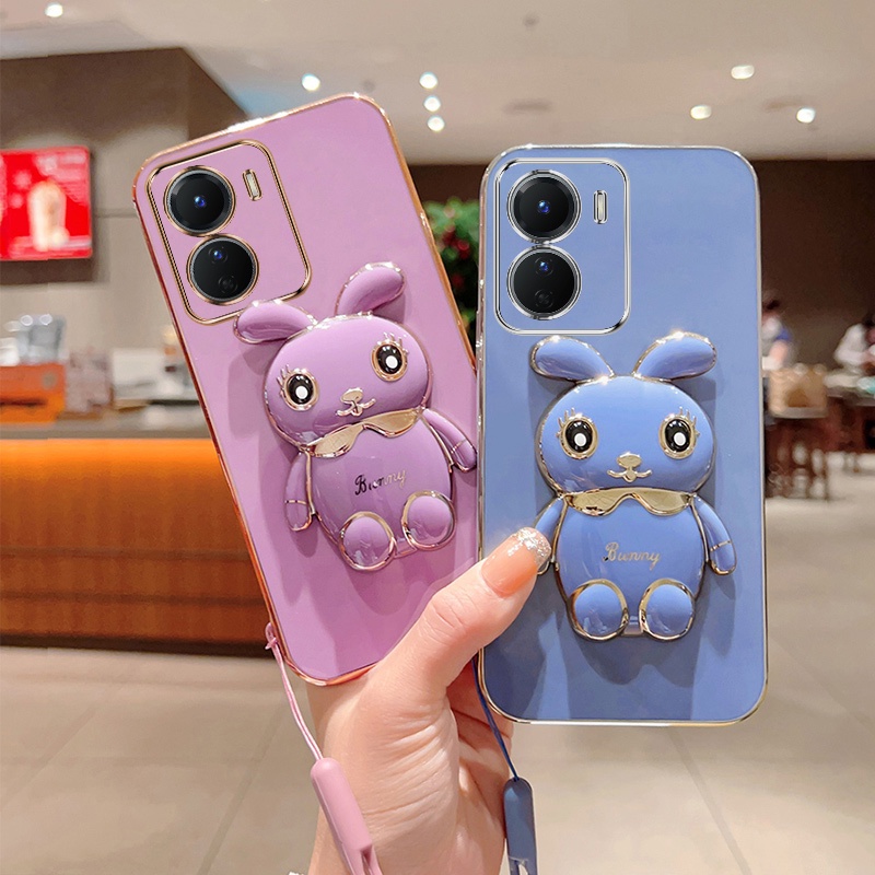 Andyh Case Ponsel Untuk Vivo Y16 Lucu Kartun Kelinci Kecil Tepi Lurus Soft Shell Mengirim lanyard Silikon
