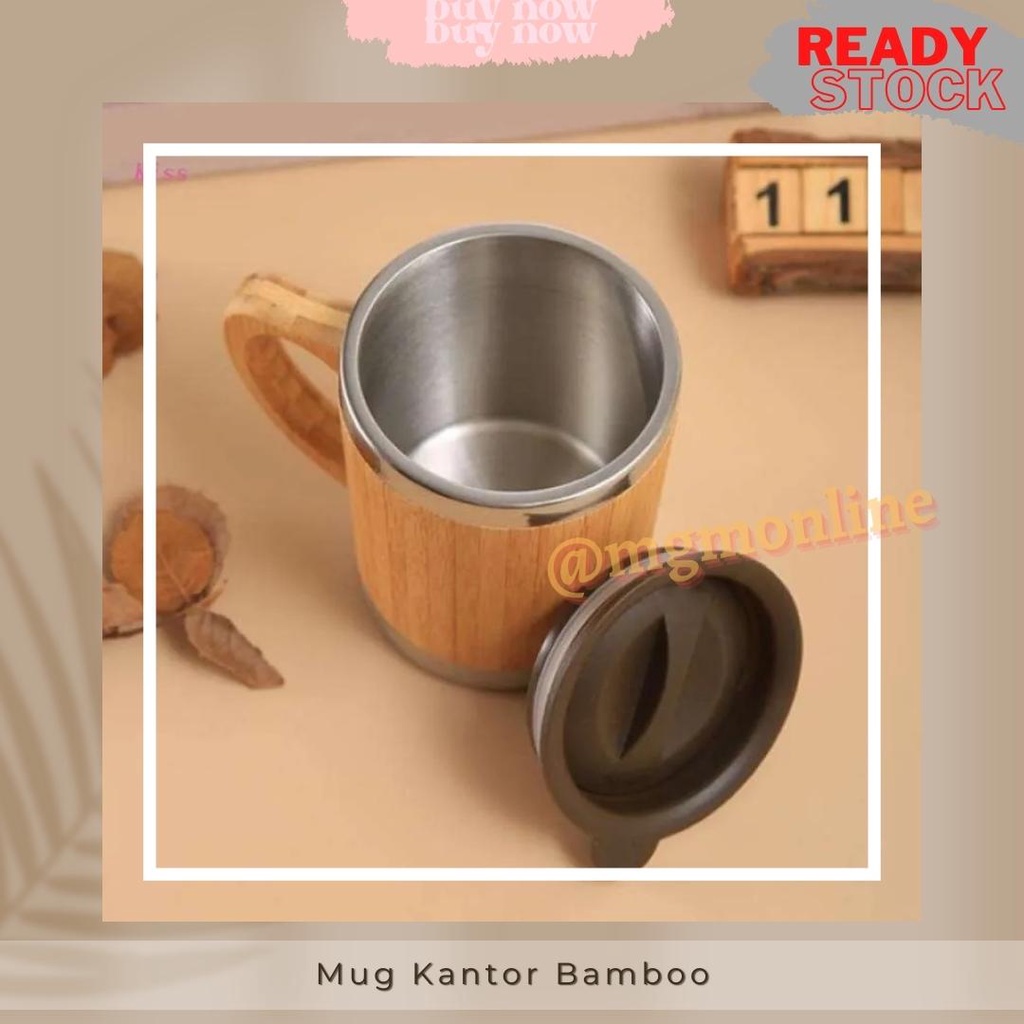 Mug Kantor stainless bamboo 400ml gelas air bambu