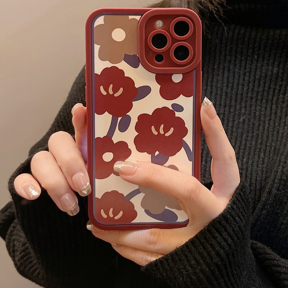 IPHONE [Mata Kucing] Soft Case TPU Anti Slip Untuk Iphone7Plus8 Plus X XS XR XS Max11 13 12 14 PRO Max 14 Plus Ins Fashion Wanita Anggur Bunga Merah