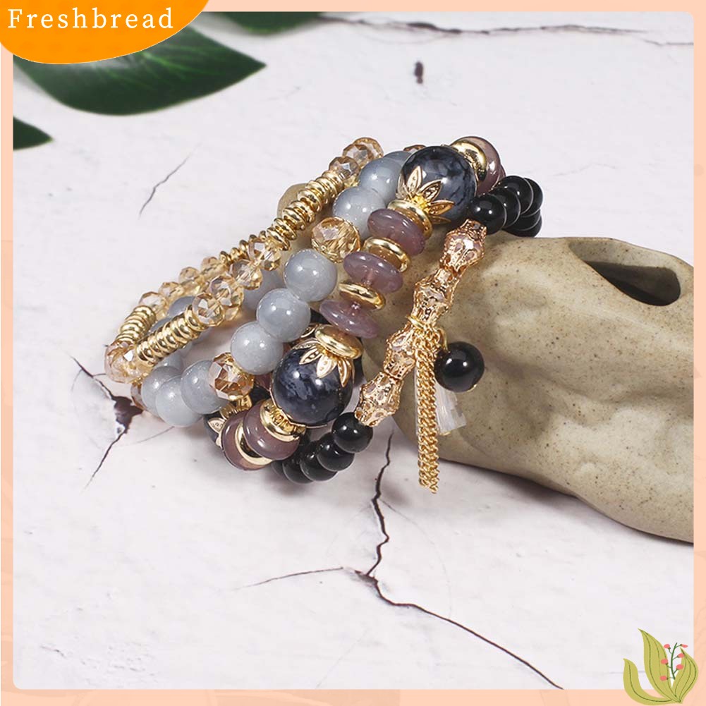 &lt; Freshbread &gt; 4Pcs/Set Boho Faux Agate Mutiara Rumbai Rantai Pesona Manik-Manik Gelang Wanita Perhiasan