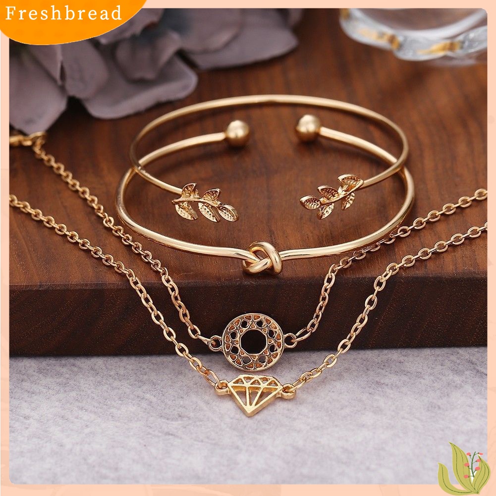 &lt; Freshbread &gt; 4Pcs/Set Boho Wanita Daun Simpul Berongga Kristal Terbuka Bangle Gelang Perhiasan Decor