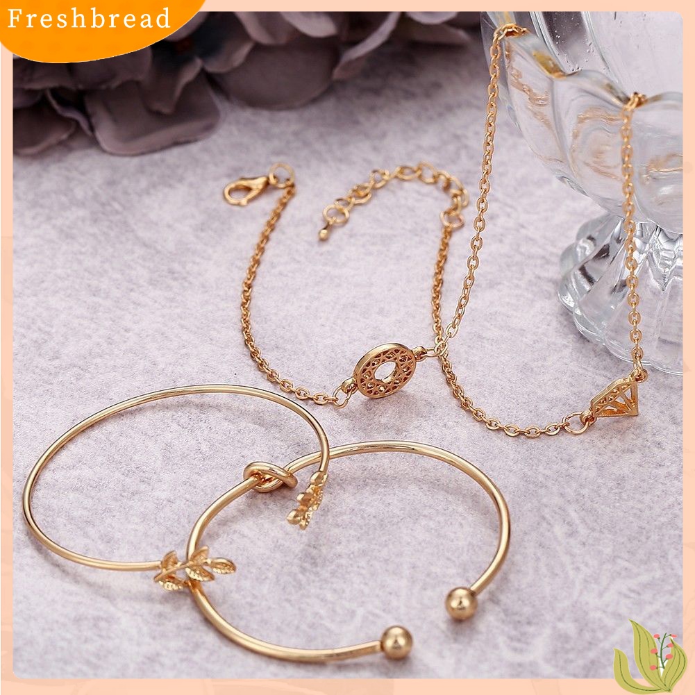 &lt; Freshbread &gt; 4Pcs/Set Boho Wanita Daun Simpul Berongga Kristal Terbuka Bangle Gelang Perhiasan Decor