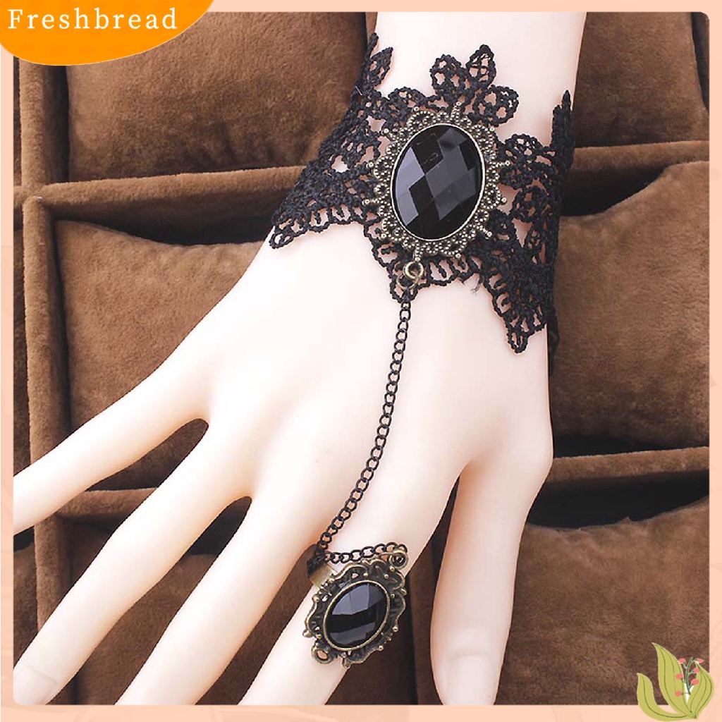 &lt; Freshbread &gt; Rose Decor Black Lace Cincin Gelang Wanita Permata Imitasi Mutiara Imitasi Cincin Tangan Rantai Perhiasan Aksesori