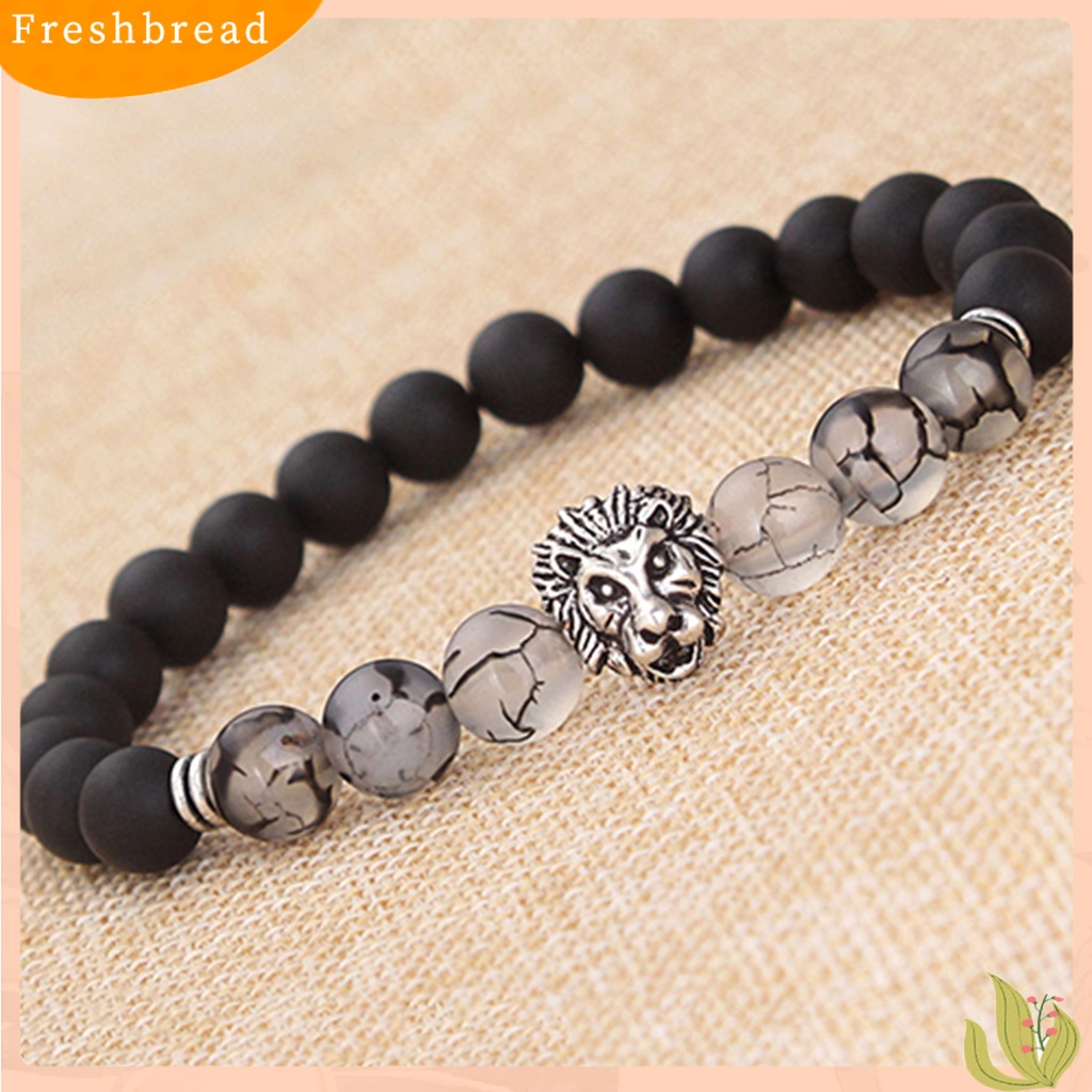 &lt; Freshbread &gt; Charm Gelang Elastis Adjustable Frosted Stone Silver Lion Beaded Cuff Bracelet Untuk Pakaian Sehari-Hari