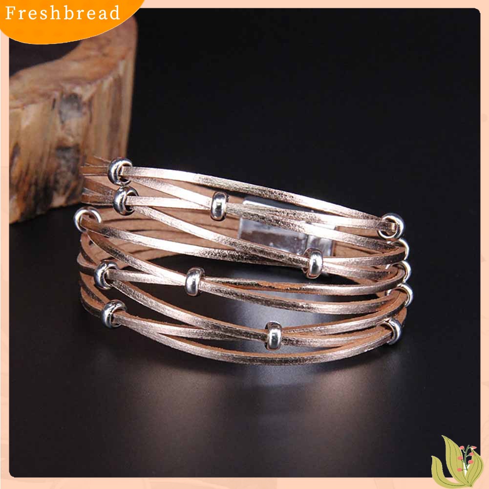 &lt; Freshbread &gt; Fashion Wanita Multi Layer Beaded Cross Gelang Kancing Kulit Asli