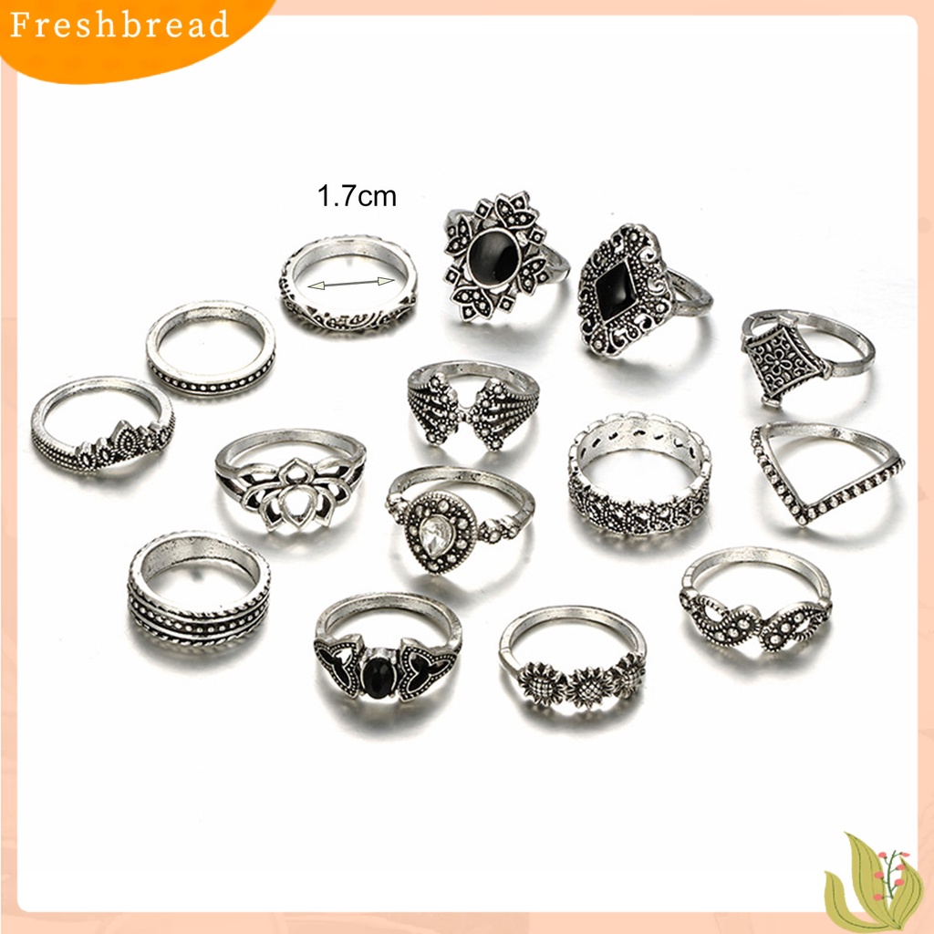 &lt; Freshbread &gt; 15Pcs Cincin Wanita Gaya Bohemian Berlian Imitasi Bertatahkan Perhiasan Tidak Luntur Pembukaan Cincin Untuk Kehidupan Sehari-Hari