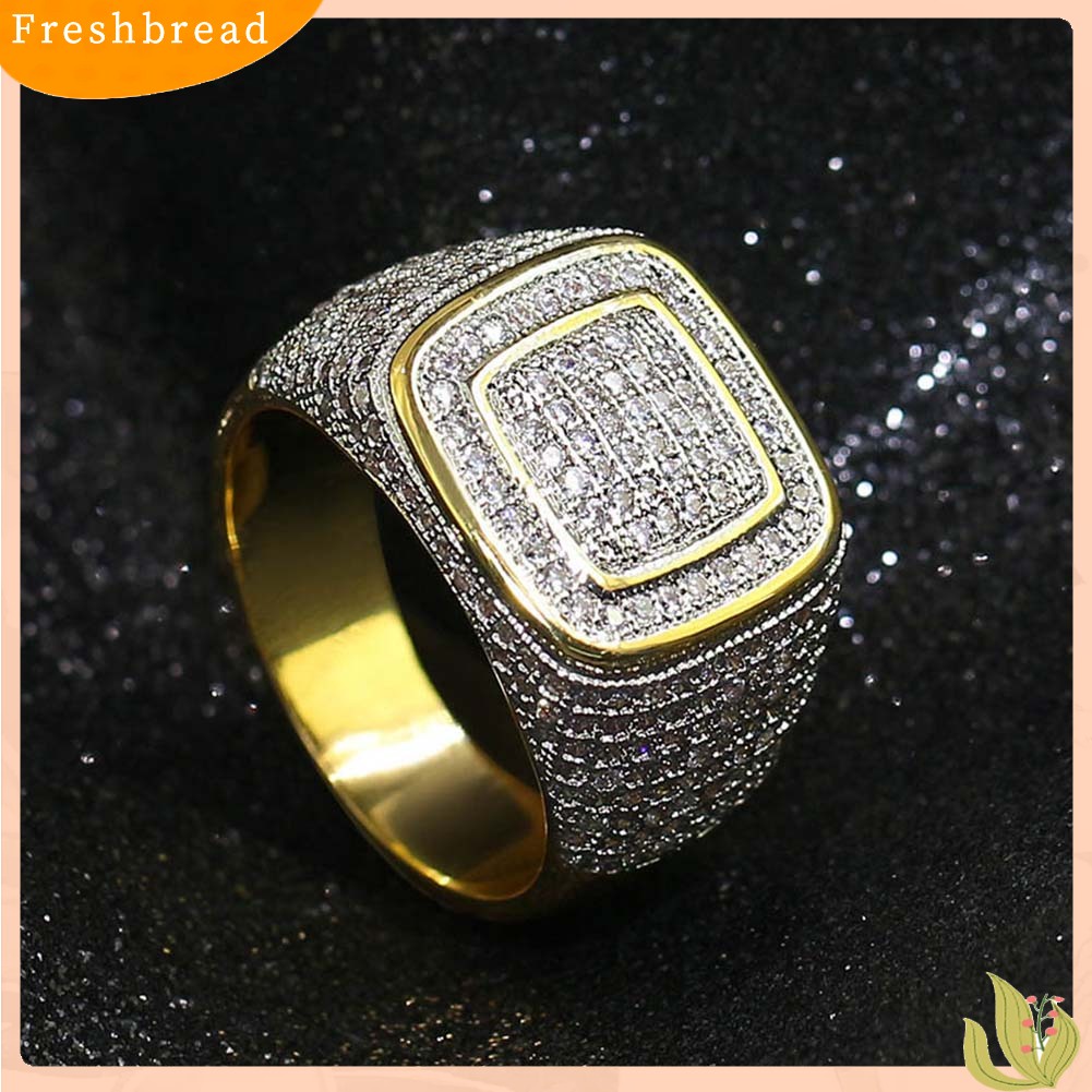 < Freshbread > Glitter Pria Persegi Penuh Berlian Imitasi Bertatahkan Jari Cincin Pernikahan Pertunangan Perhiasan