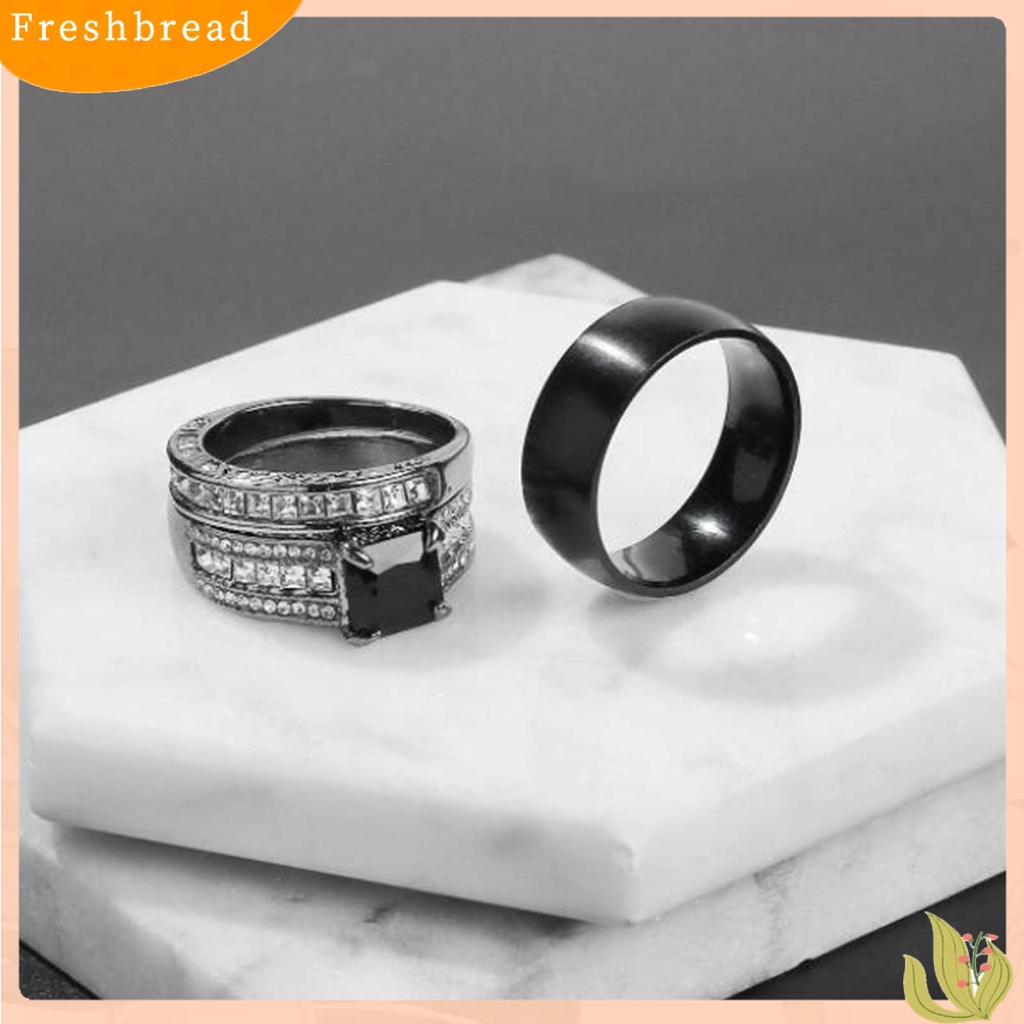 &lt; Freshbread &gt; 3Pcs/Set Cincin Pasangan Laporan Permukaan Halus Paduan Persegi Bertatahkan Cubic Zirconia Pernikahan Band Perhiasan Fashion