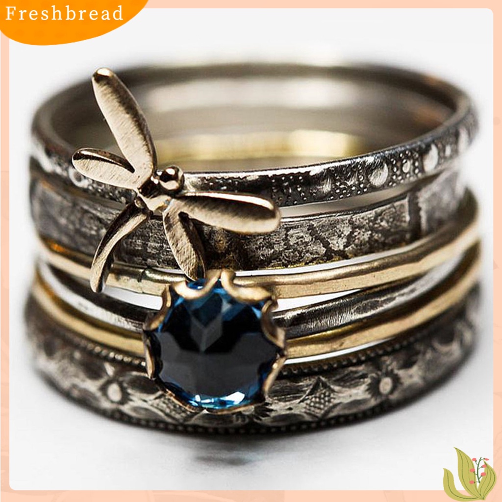 &lt; Freshbread &gt; Cincin Jari Gaya Vintage Multi-layer Anti-Cacat Capung Biru Faux Kristal Engagement Ring Untuk Pacaran