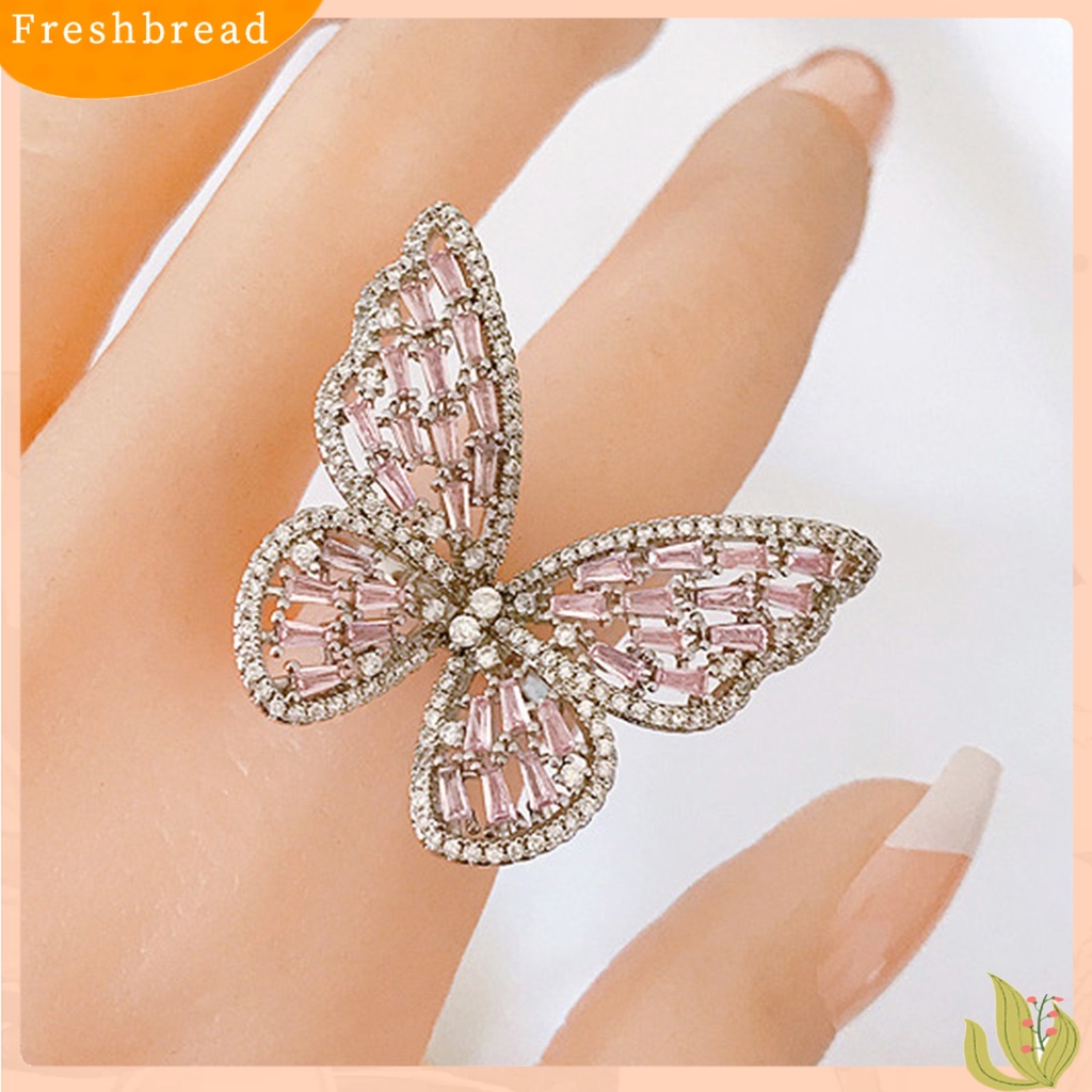 &lt; Freshbread &gt; Fashion Wanita Berongga Kupu-Kupu Berlian Imitasi Pembukaan Jari Cincin Pesta Perhiasan Hadiah