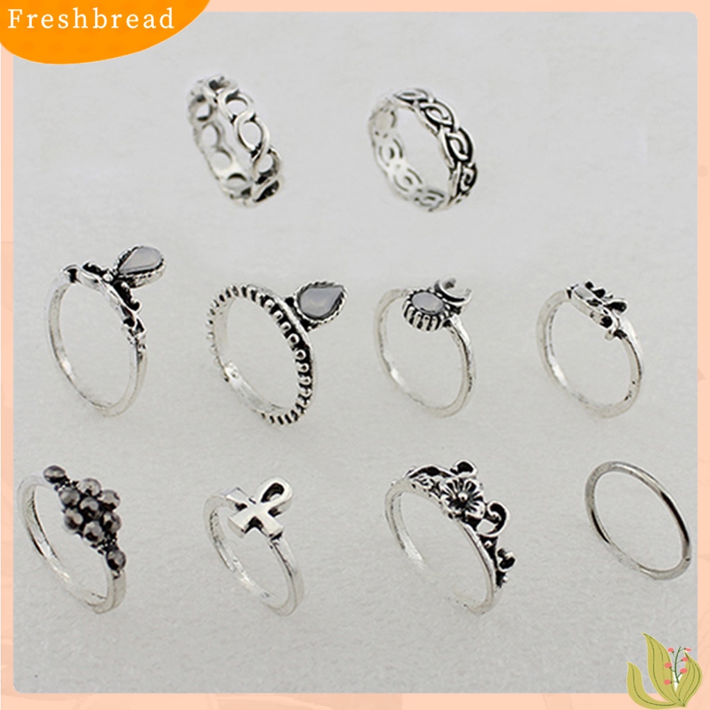 &lt; Freshbread &gt; 10Pcs/Set Cincin Jari Buku Jari Vintage Anti Karat Bunga Hollow Wanita Perhiasan Untuk Camping