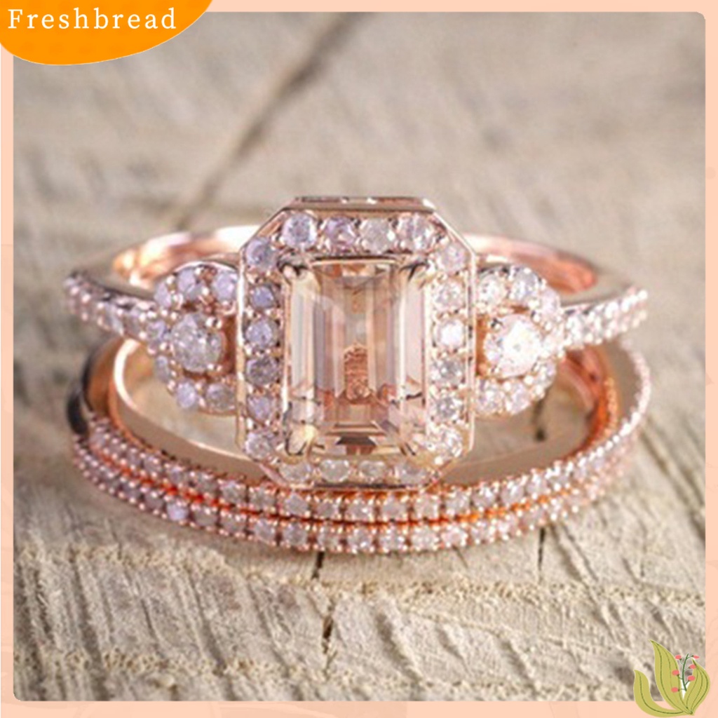 &lt; Freshbread &gt; 2Pcs/Set Ladies Rings Shiny Faux Crystal Rose Golden Alloy Ring Elegan Perhiasan Aksesoris Fashion Micro-Hias Square Rhinestones Rings Hadiah Pertunangan