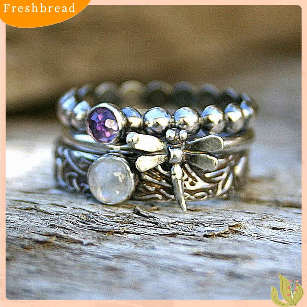 &lt; Freshbread &gt; 3Pcs/Set Cincin Bentuk Capung Imitasi Oval Permata Wanita Silver Mini Stackable Ring Sets Untuk Hadiah