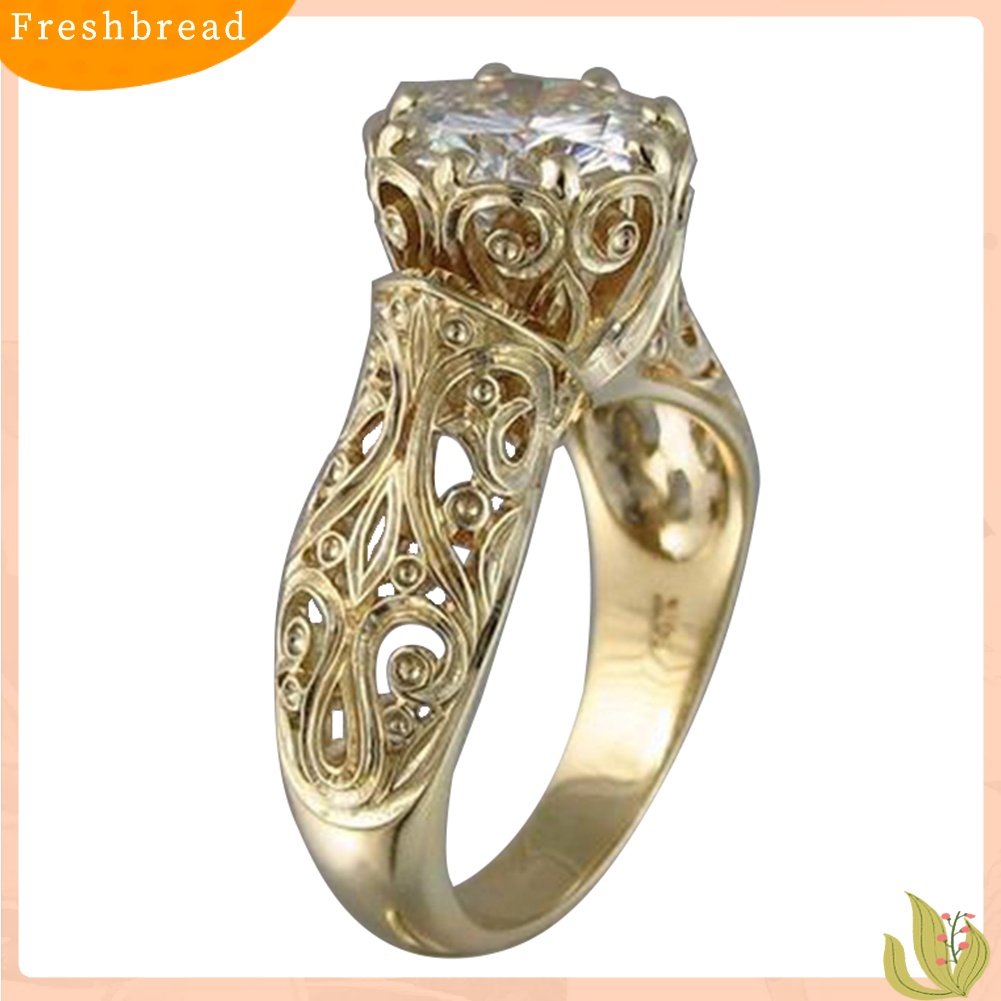 &lt; Freshbread &gt; Vintage Wanita Ukir Bunga Bulat Berlian Imitasi 8cakar Pertunangan Jari Cincin Dekorasi