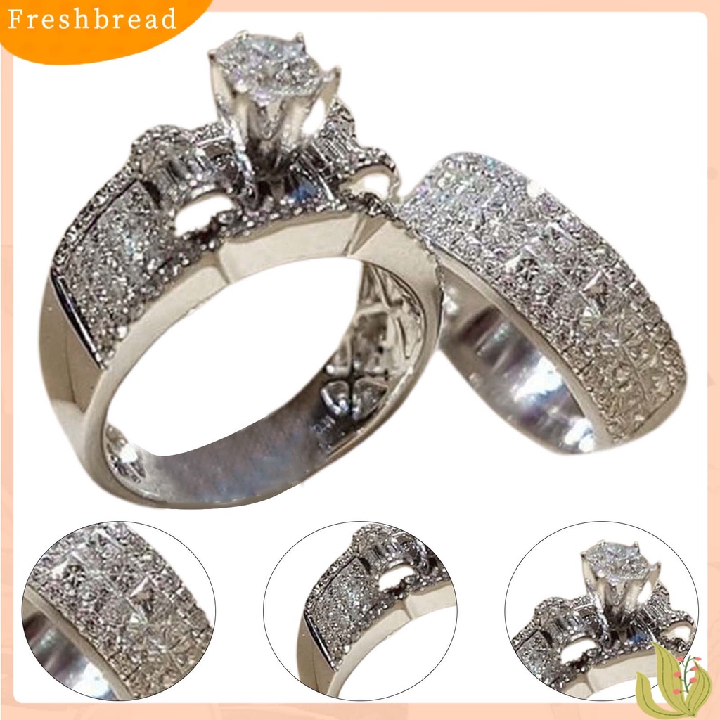 &lt; Freshbread &gt; 2Pcs/Set Lebar Sederhana Cincin Pasangan Paduan Bertatahkan Berlian Imitasi Bersinar Pernikahan Band Perhiasan Fashion