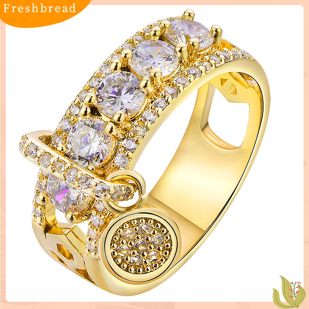 &lt; Freshbread &gt; Cubic Zirconia Wanita Cincin Disc Liontin Alloy Berongga Lebar Cincin Kawin Perhiasan Fashion