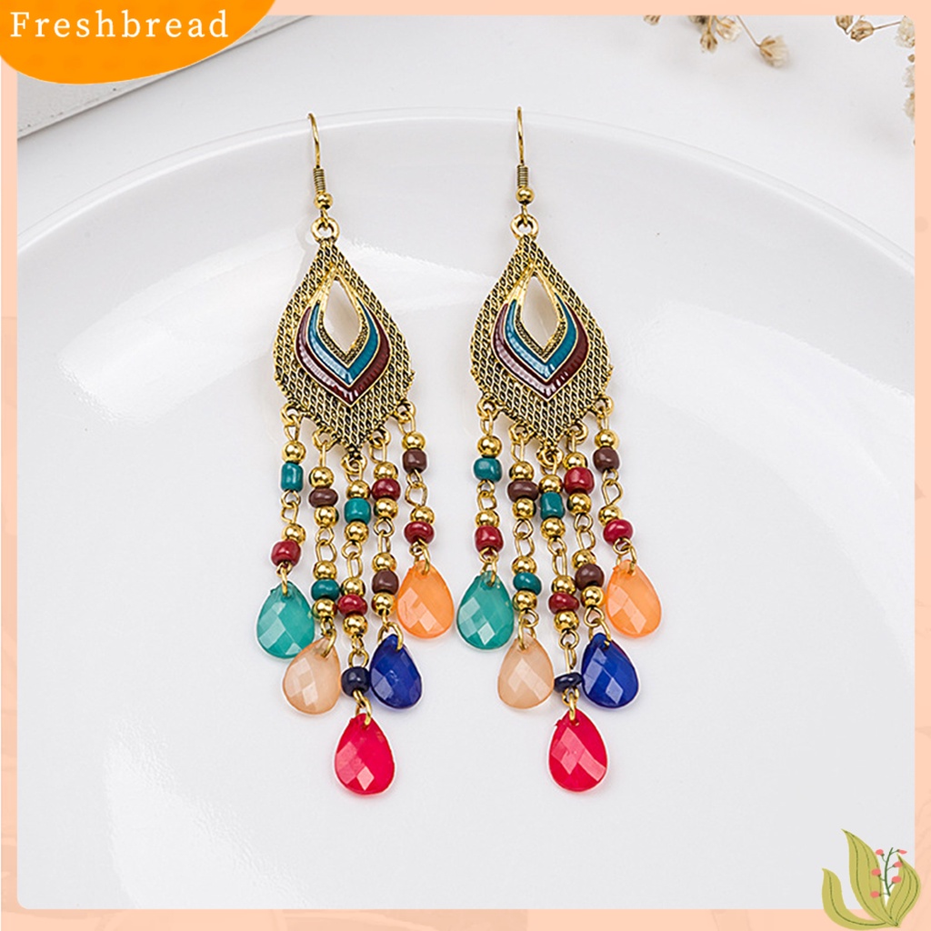 &lt; Freshbread &gt; 1pasang Anting Drop Gaya Cina Hias All-match Bohemian Vintage Hollow Anting Manik-Manik Panjang Untuk Pacaran