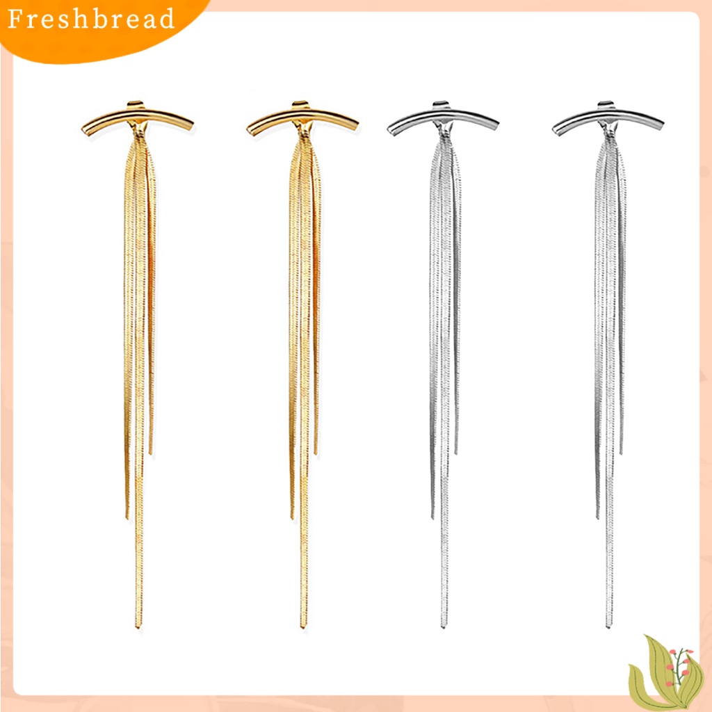 < Freshbread > 1pasang Benang Panjang Rumbai Menjuntai Anting Logam Glossy Arc Bar Stud Earrings Perhiasan Aksesoris