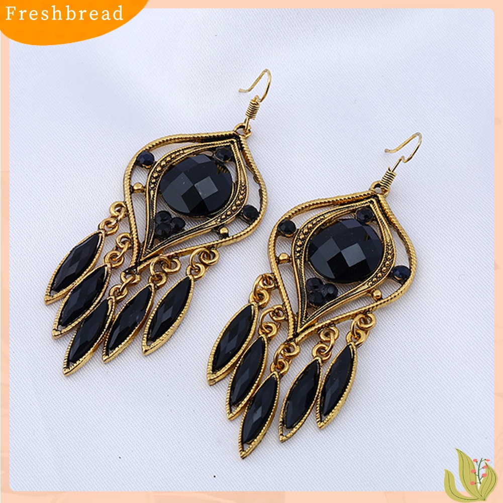 &lt; Freshbread &gt; Bohemian Wanita Berongga Ukir Resin Panjang Rumbai Menjuntai Kait Anting Perhiasan