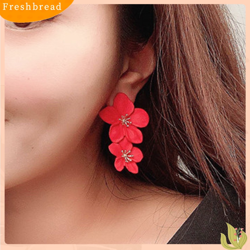 < Freshbread > Wanita Manis Warna Solid Dual Bunga Panjang Menjuntai Stud Earrings Perhiasan Pesta