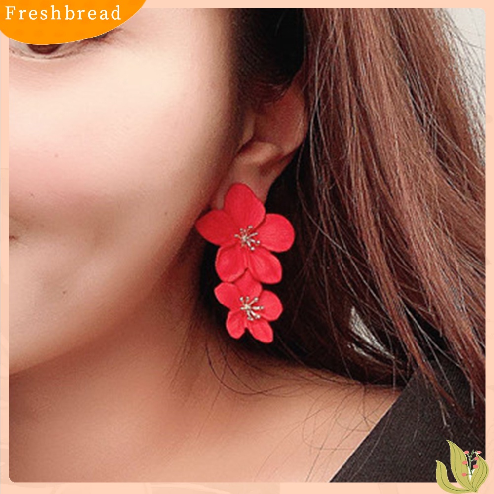 &lt; Freshbread &gt; Wanita Manis Warna Solid Dual Bunga Panjang Menjuntai Stud Earrings Perhiasan Pesta