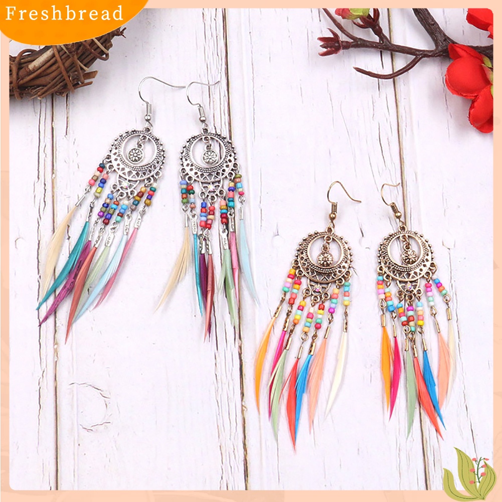 &lt; Freshbread &gt; Boho Wanita Berongga Ukir Lingkaran Bulu Rumbai Menjuntai Kait Anting Perhiasan