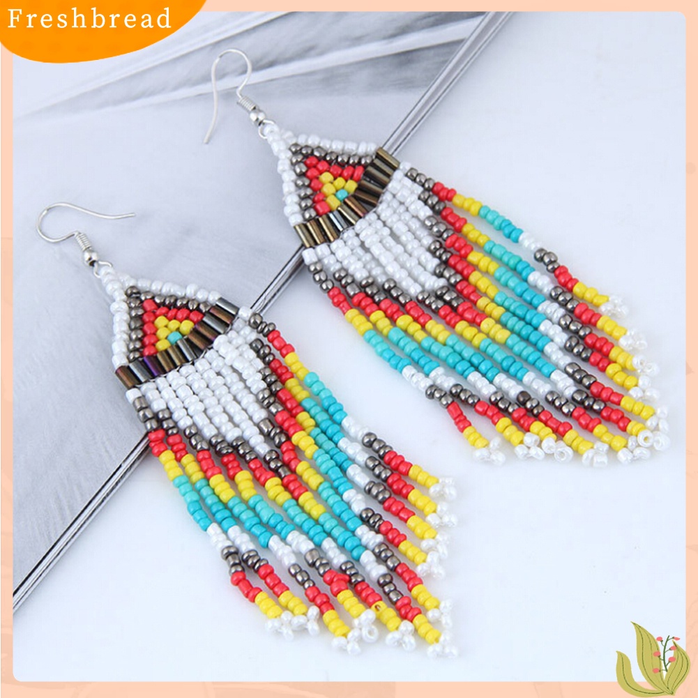 &lt; Freshbread &gt; Wanita Bohemian Panjang Manik-Manik Rumbai Drop Menjuntai Kait Anting Pesta Perhiasan Hadiah