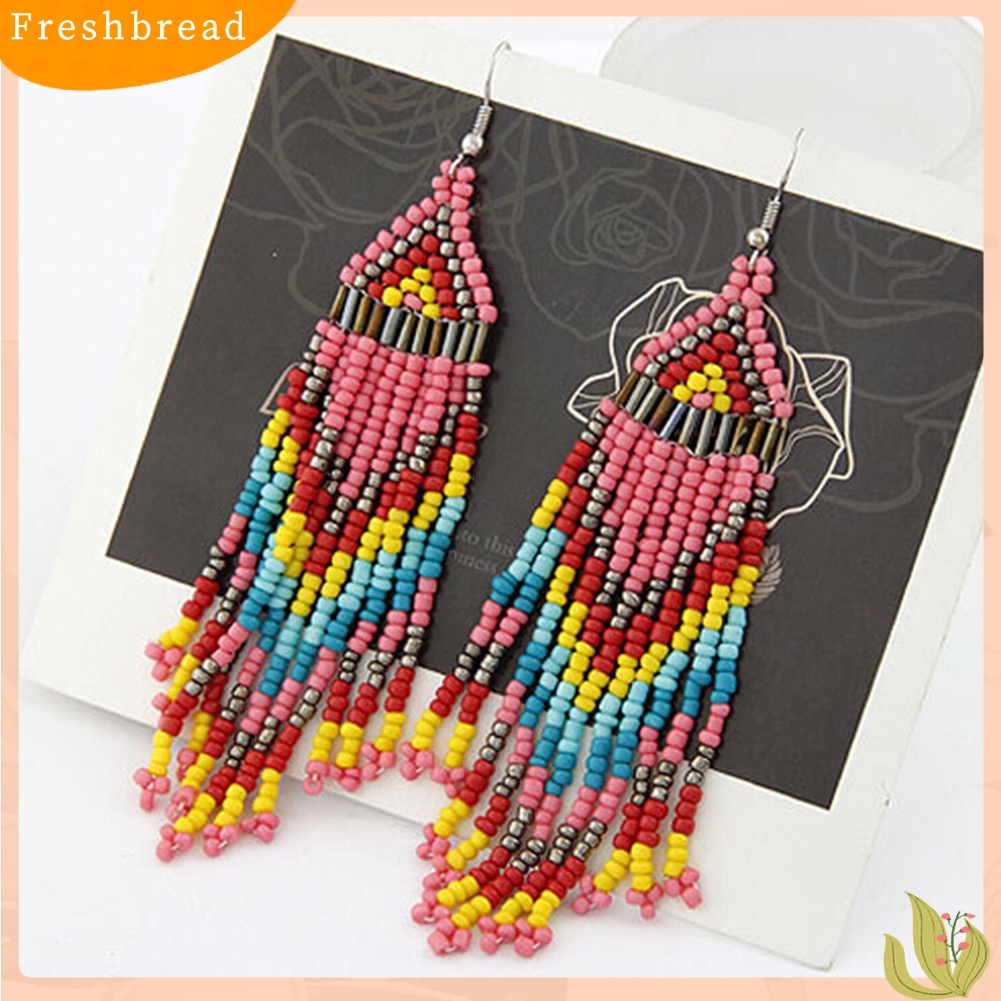 &lt; Freshbread &gt; Wanita Bohemian Panjang Manik-Manik Rumbai Drop Menjuntai Kait Anting Pesta Perhiasan Hadiah