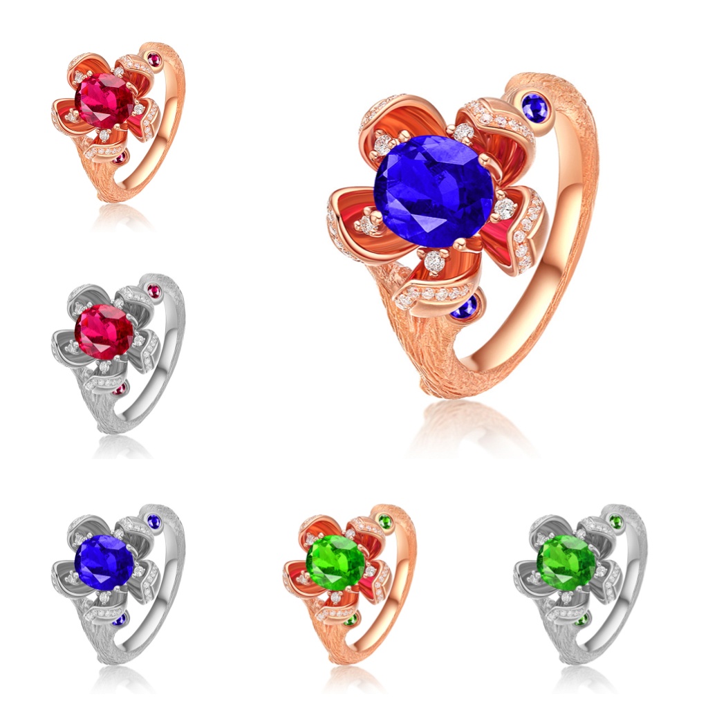 Goldkingdom Aksesoris Perhiasan Fashion Ready Stock Desain Bunga Kreatif Darah Burung Merpati Turmalin Merah Cincin Berlapis Dengan Permata Mawar Dan Emas.