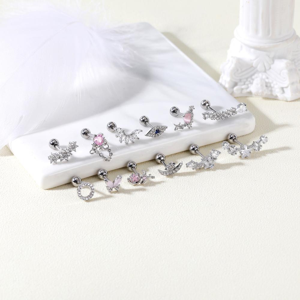 1pc Butterfly Stainless Steel Cartilage Stud Earrings Pink Heart Crystal Earring Bunga Telinga Stud Telinga Baris Helix Tragus Piercing