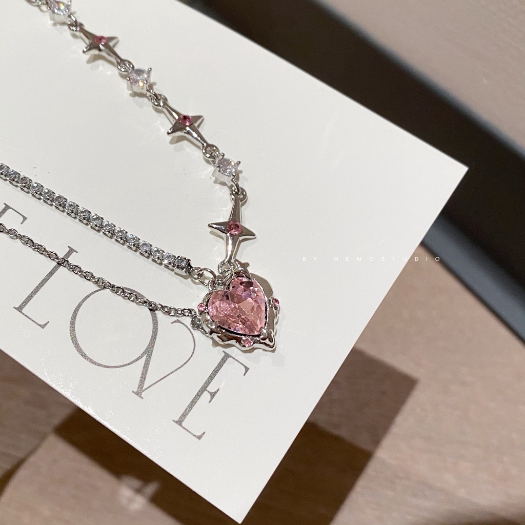 Kalung Liontin Hati Zircon Warna Pink Bintang Choker Rantai Kristal Silver Untuk Aksesoris Perhiasan Wanita