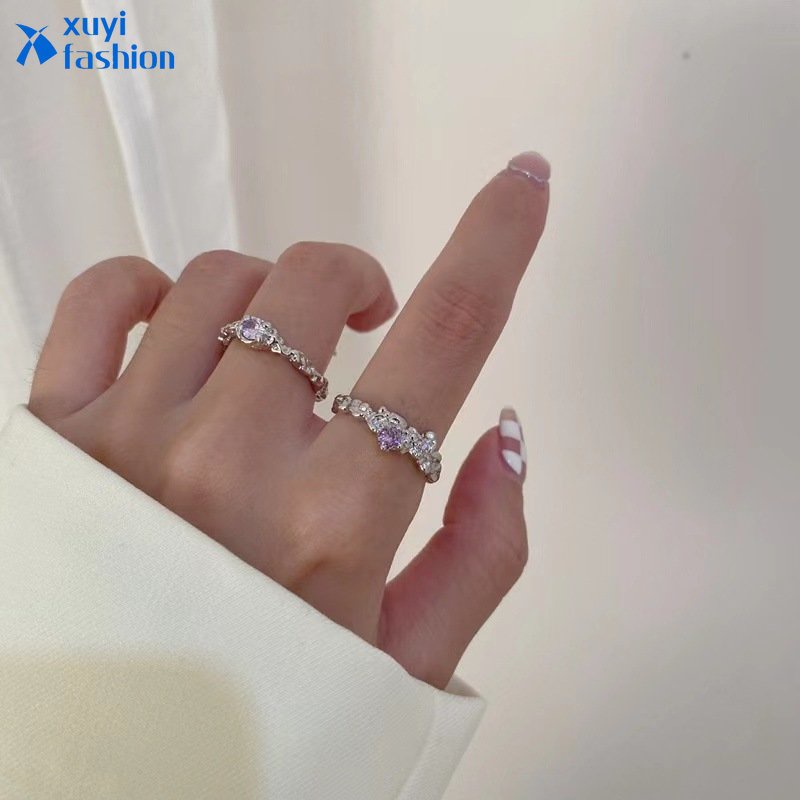 2pcs/set Cincin Kristal Ungu Set Zirkon Cincin Pembukaan Adjustable Untuk Aksesoris Perhiasan Wanita