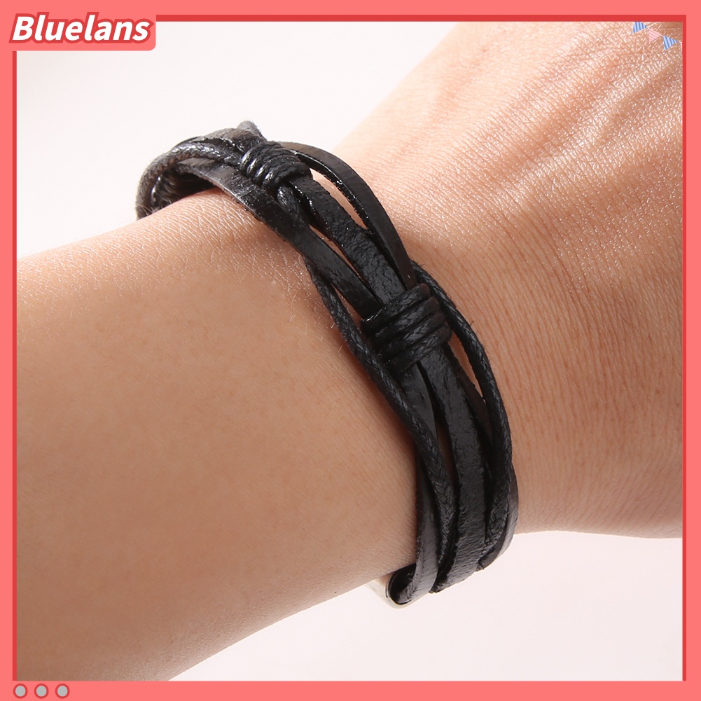 {In Stock} Pria Surfer Kulit Imitasi Dikepang Tangan Multilayer Gelang Manset Gelang Hadiah