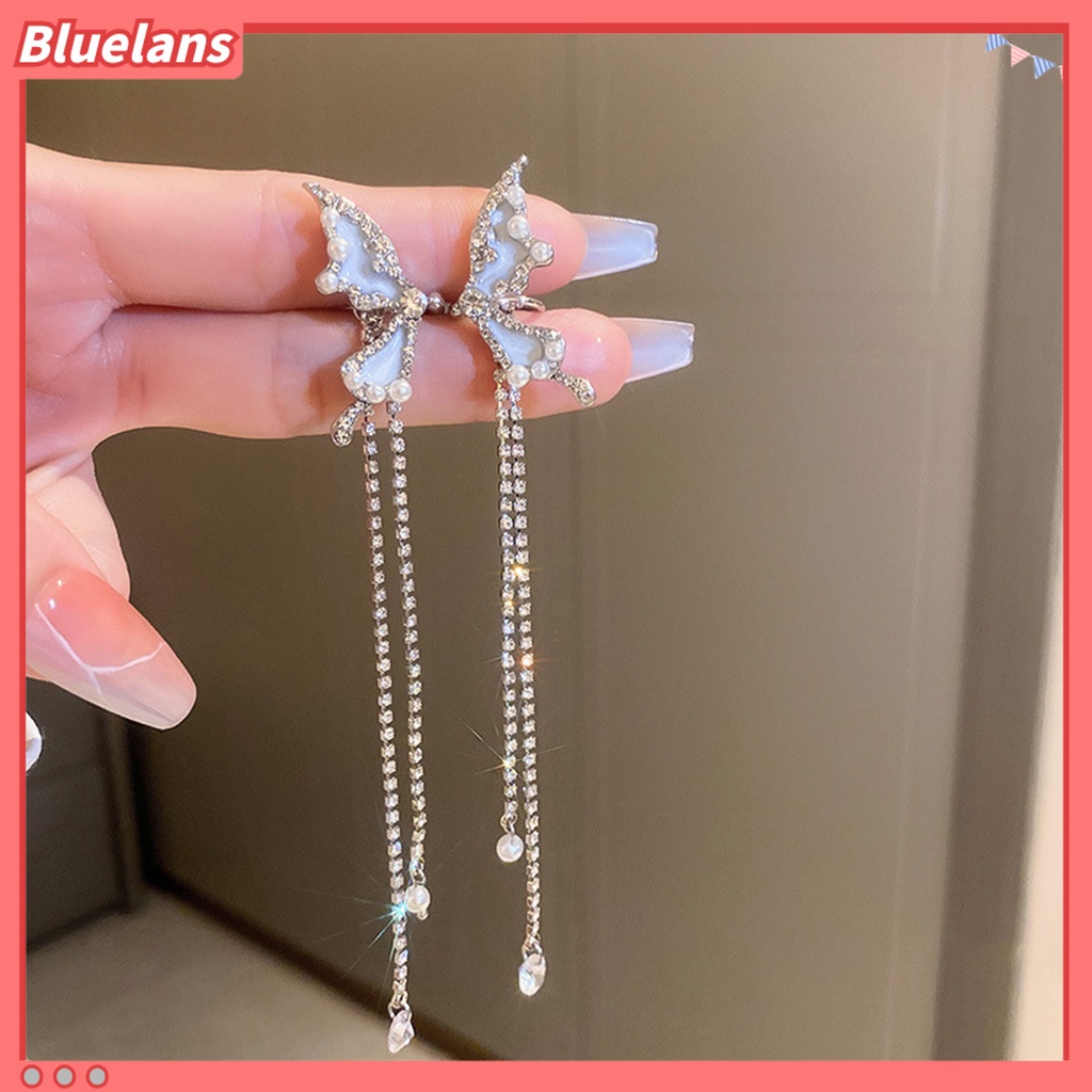 {In Stock} 1pasang Manset Telinga Tanpa Tindik Rumbai Panjang Mutiara Imitasi Peri Elegan Berlian Imitasi Kupu-Kupu Tulang Rawan Klip Anting Perhiasan Fashion