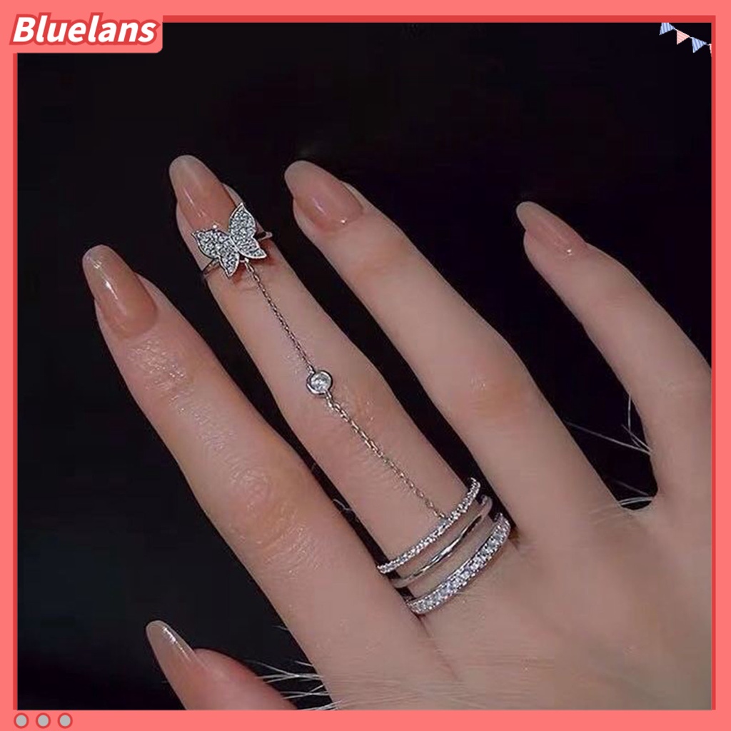 {In Stock} Wanita Set Cincin Rumbai Bentuk Kupu-Kupu Berlian Imitasi Pembukaan Tiga Lapisan Terang Kilau Cincin Hadiah Ulang Tahun