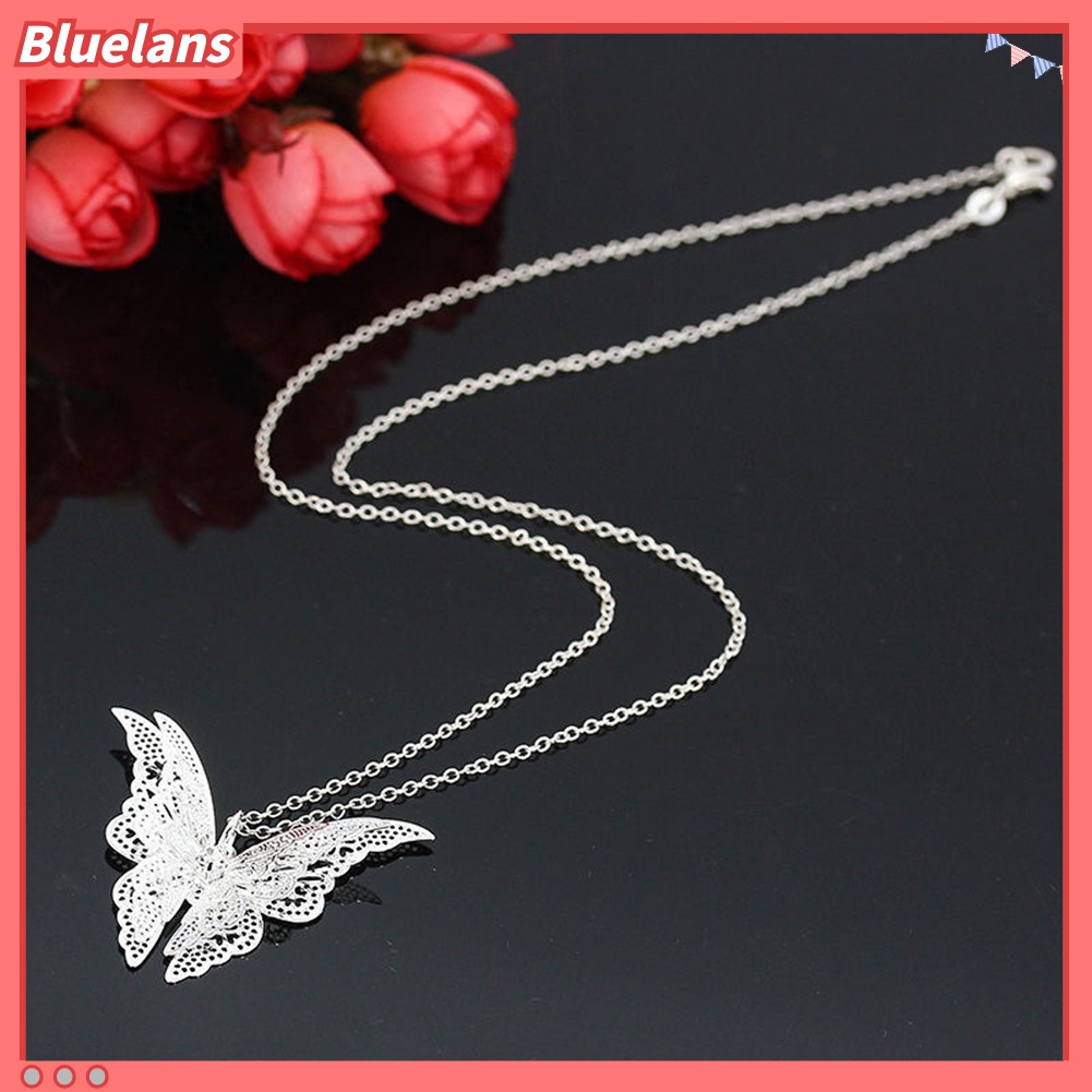 {In Stock} Wanita Elegan Perak Berlapis Berongga Indah Kupu-Kupu Liontin Perhiasan Ada Rantai