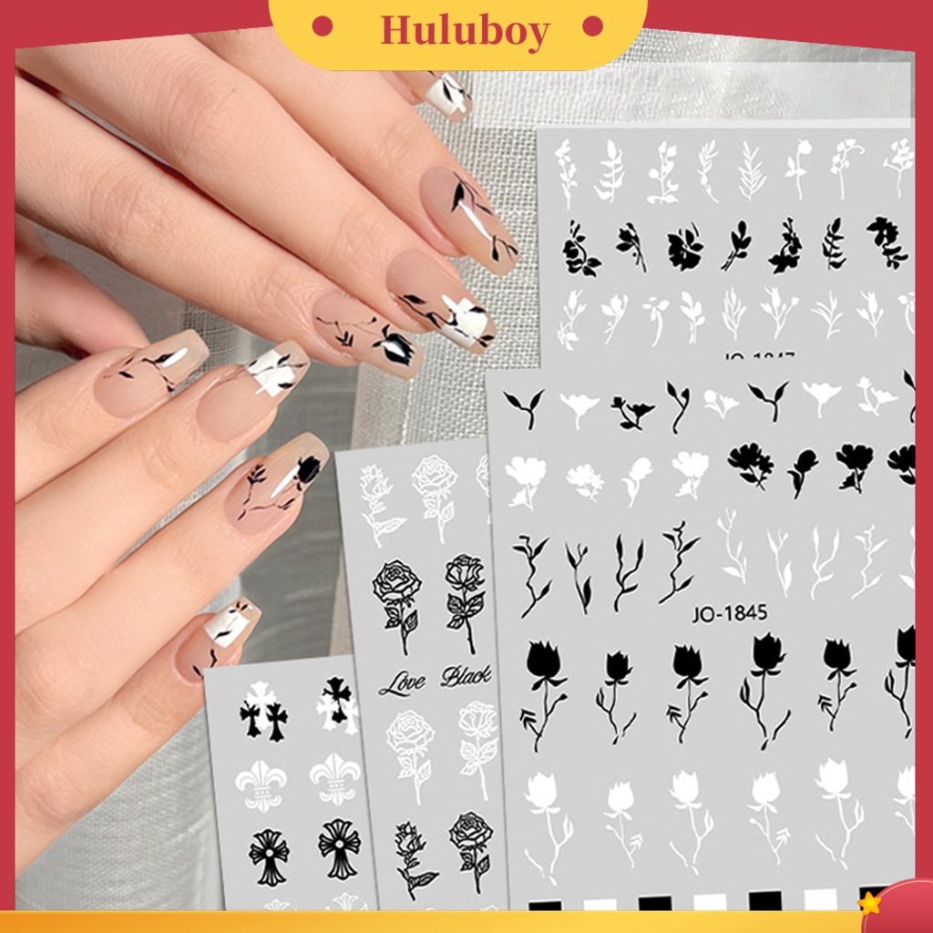 {In Stock} Stiker Nail Art Hidup DIY Ramah Lingkungan Dicat Tangan Hitam Putih Mawar Stiker Nail Art Untuk Wanita