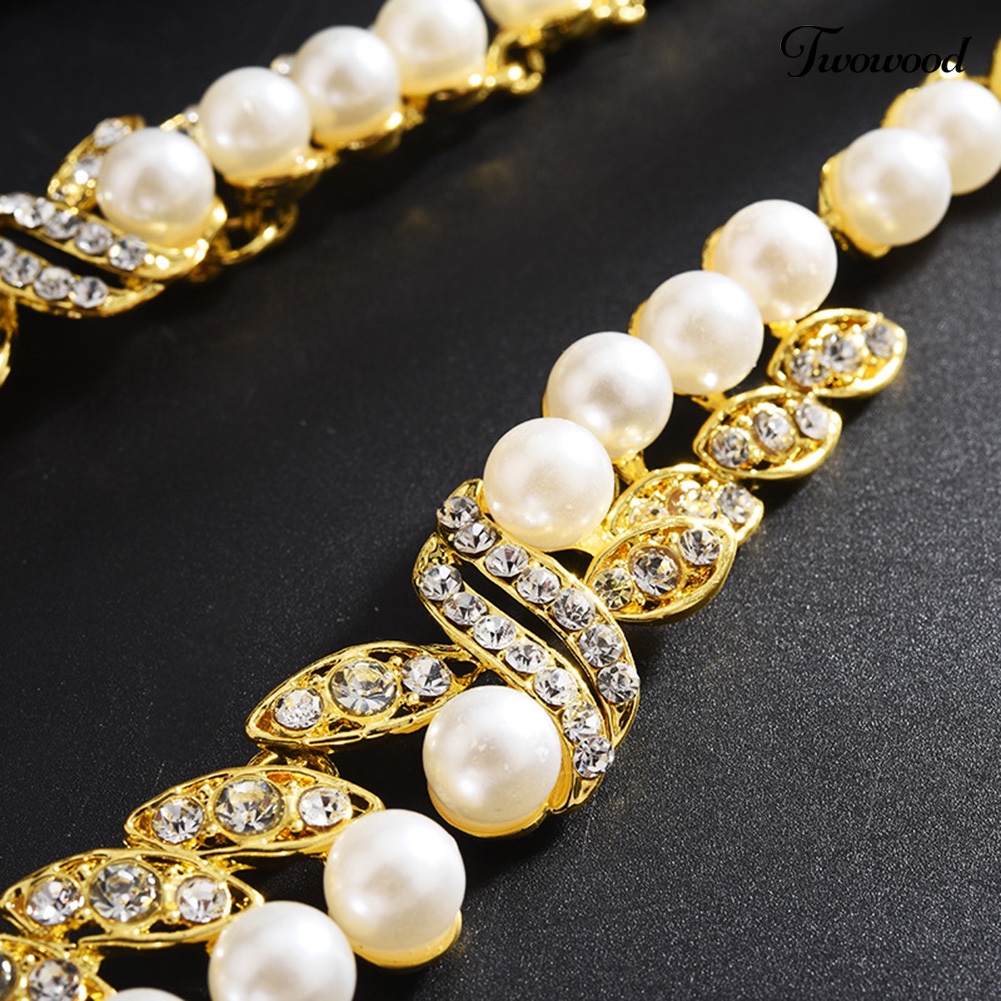 Twowood Faux Pearl Rhinestone Leaf Menjuntai Anting Kalung Bridal Set Perhiasan Pernikahan