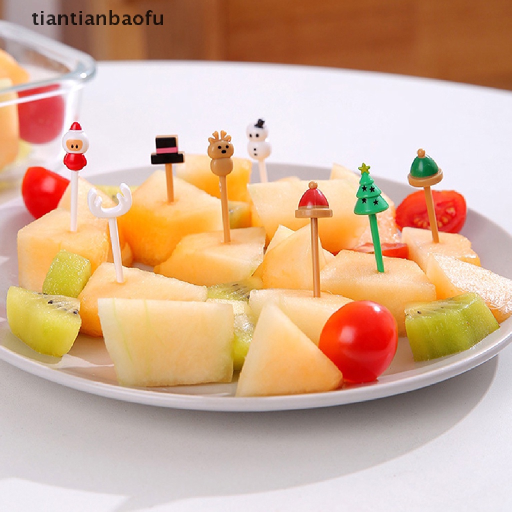 [tiantianbaofu] 4/8pcs Merry Christmas Hewan Buah Garpu Mini Kartun Anak Kue Buah Tusuk Gigi Butik