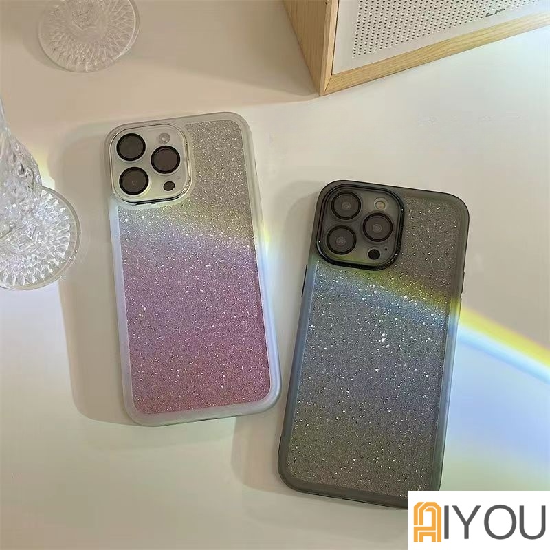 IPHONE Bling Glitter Warna Gradasi Casing Ponsel Untuk Iphone14Plus11 12 13 14 Pro Max Lensa Mewah Warna Permen Shockproof Soft TPU Cover