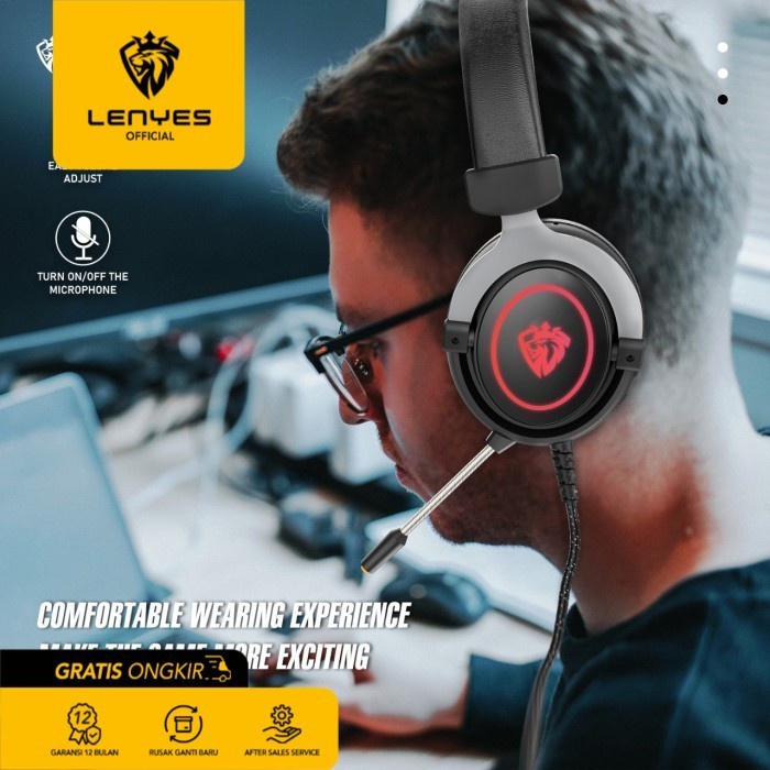 Lenyes GH55 Stereo Gaming Headset Headphones RGB Deep Bass Original earphone music musik gamer