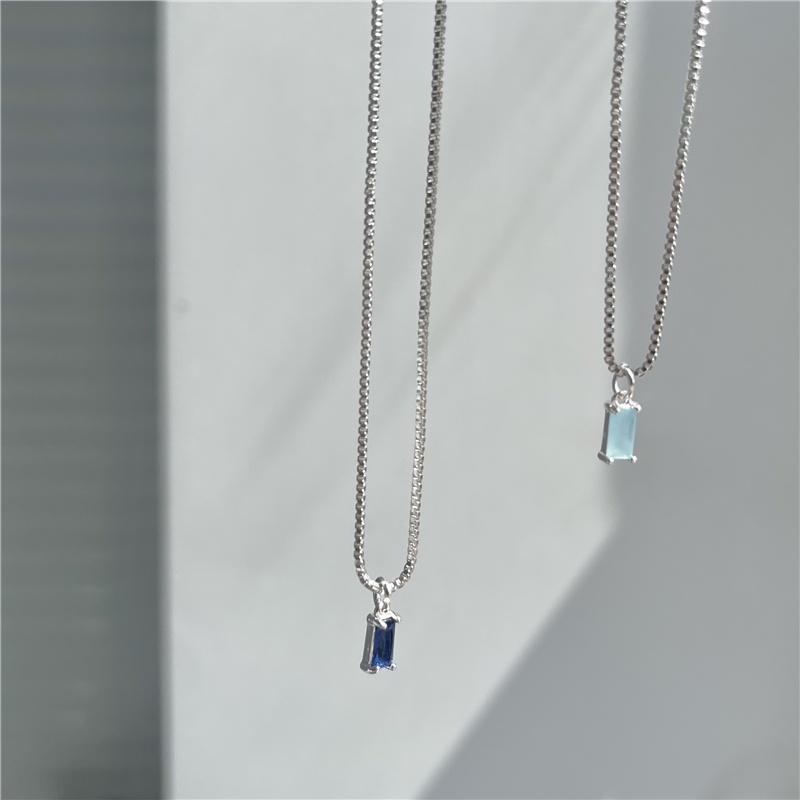 Ahellogirl Kalung Tumpuk Berlian Persegi Biru Gaya Korea Warna Sederhana Zirkon Rantai Klavikula
