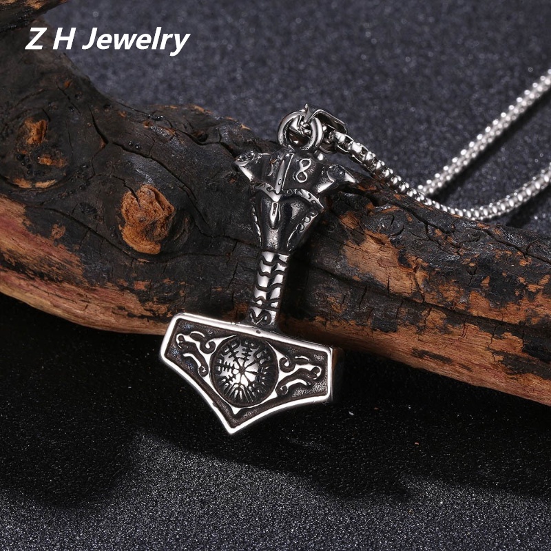 [Z H Perhiasan] Vintage Viking Hip Hop Raytheon Palu Gagak Celtic Serigala Liontin Pria Dan Wanita Fashion Stainless Steel Kalung Punk Pesta Rock Perhiasan Aksesoris