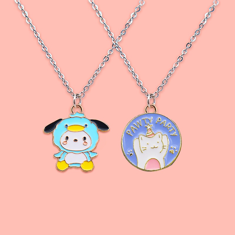 Kartun Anjing Anak Kucing Anak Liontin Stainless Steel Kalung Perlengkapan Siswa Hadiah Ulang Tahun Logam Aksesoris Fashion