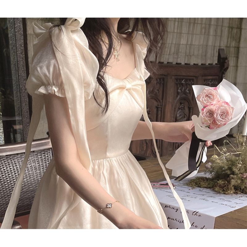 Red Musim Panas Gadis Keinginan Murni Lengan Puff Gaun Super Peri Putri Gaun Perban Busur Simpul Baik Gadis Manis Perguruan Tinggi Rok Pendek Wanita