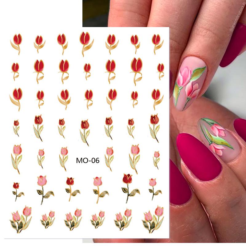 5d Timbul Bunga Nail Art Stiker Bunga Tulip Terukir Pernikahan Slider Garis Geometri Daun Kupu Kuku Decals