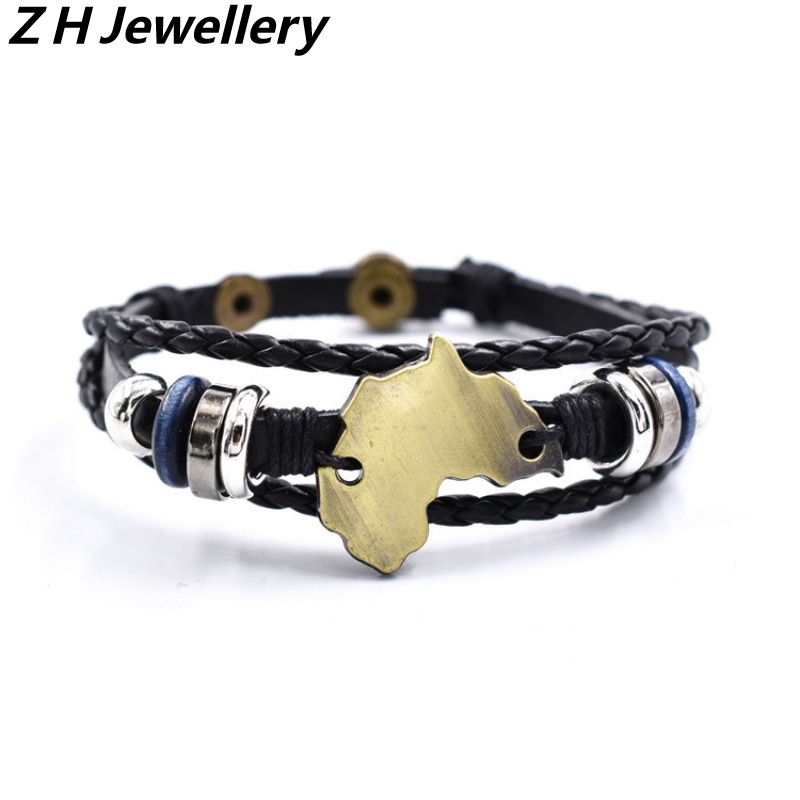 [Z H Perhiasan] Vintage Peta Afrika Manik-Manik Gelang Kulit Pria Dan Wanita Fashion Stainless Steel Multilayer Gelang Punk Pesta Rock Perhiasan Aksesoris