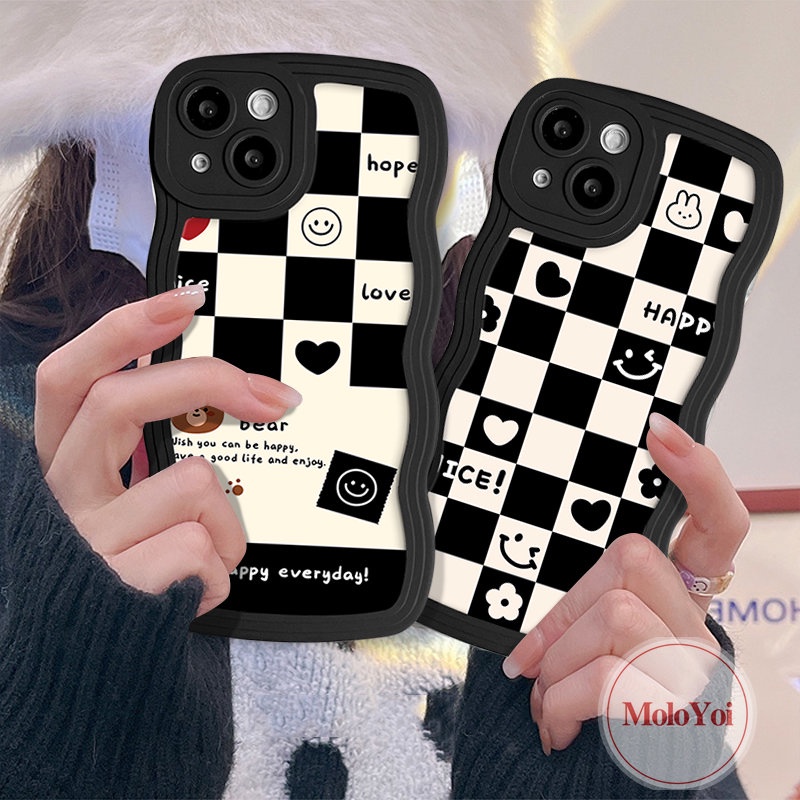 Chessboard Cute Bear Case Kompatibel Untuk iPhone 7Plus 11 14 13 12 Pro Max 14 6s 6 7 8 Plus XR X XS Max SE 2020 Wavy Edge Lembut Tpu Pasangan Smile Love Heart Cover