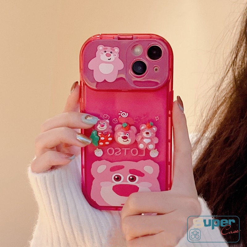 Casing Case Kartun Kompatibel Untuk iPhone 7Plus XR 11 Pro Max7 8 14 Plus 14 12 13 Pro MAX X XS MAX SE 3D Flip Make Up Cermin Beruang Strawberry Lucu Manyo Mainan Shockproof Soft Cover