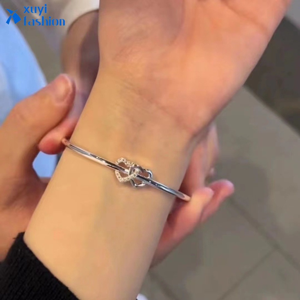 Fashion Gelang Hati Ganda Kristal Bangle Perak Untuk Aksesoris Perhiasan Wanita